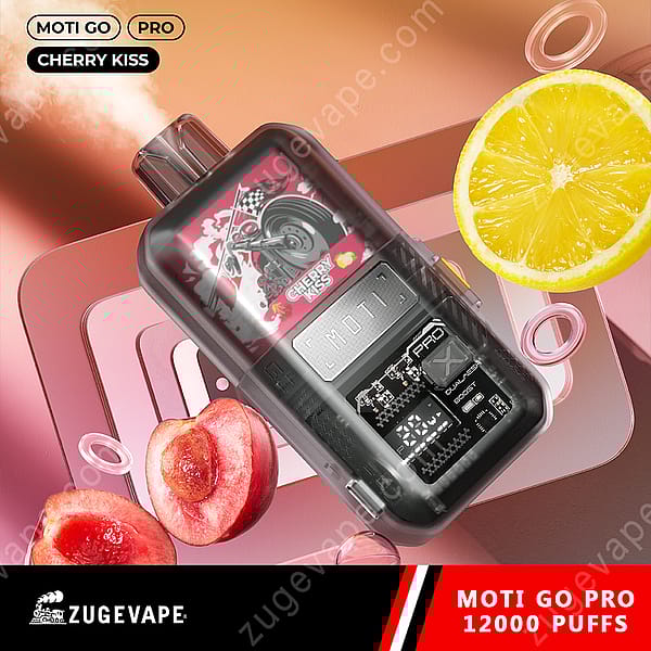 A Moti Go Pro Vape Device Labeled &Quot;Cherry Kiss&Quot; With A Graphic Design Of A Racing Tire And Cherries, Surrounded By Lemon Slices And Peach Halves, Set Against A Colorful Background.