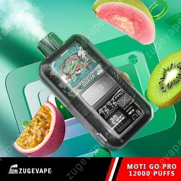 A Moti Go Pro Vape Device Featuring A Colorful Design With Branding, Displayed Alongside Sliced Fruits Including Kiwi, Guava, And Passion Fruit, With Vapor Rising From The Mouthpiece.