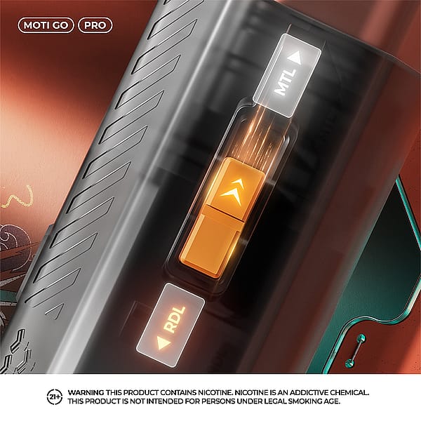 Close-Up Of A Vaping Device With Buttons Labeled &Quot;Mtl&Quot; And &Quot;Rdl,&Quot; Featuring Glowing Indicators. A Background Design Is Partially Visible, Along With A Warning About Nicotine.