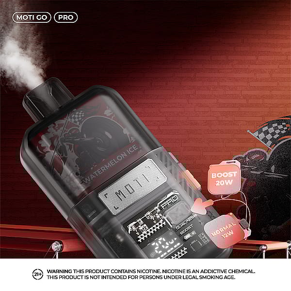 A Vape Device Labeled &Quot;Moti Go Pro&Quot; With A Flavor Indication Of &Quot;Watermelon Ice,&Quot; Emitting Vapor Against A Brick Wall Background, Featuring Settings For &Quot;Boost 20W&Quot; And &Quot;Normal 12W.&Quot; A Cautionary Warning About Nicotine Is Displayed At The Bottom.