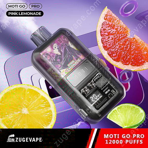 A Vape Device With A Black Casing Featuring A Colorful Design Labeled &Quot;Pink Lemonade,&Quot; Surrounded By Slices Of Lemon, Lime, And Grapefruit, With A Purple Background And Floating Vape Rings.