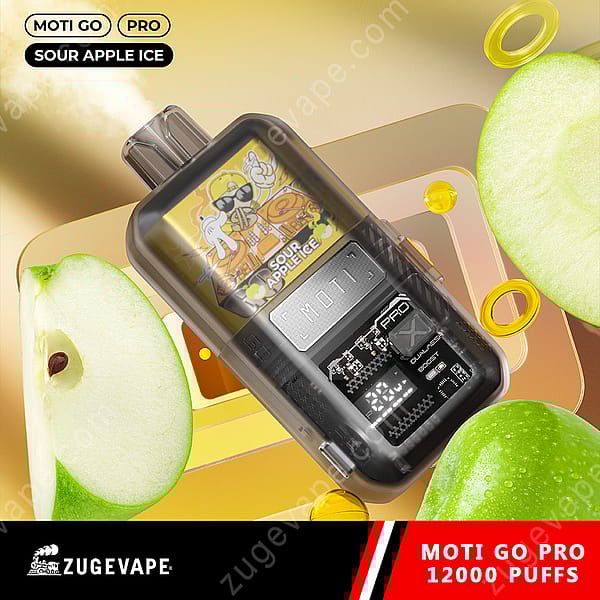 A Vape Device Labeled &Quot;Moti Go Pro&Quot; With A &Quot;Sour Apple Ice&Quot; Flavor, Surrounded By Green Apple Slices And A Colorful Background Featuring Abstract Shapes.