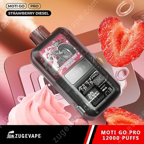 A Vape Device Labeled &Quot;Moti Go Pro&Quot; With A &Quot;Strawberry Diesel&Quot; Flavor Is Showcased Against A Colorful Background, Featuring Elements Like A Cupcake With Pink Frosting And A Heart-Shaped Strawberry.