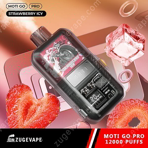 A Vape Device Labeled &Quot;Moti Go Pro&Quot; With A Flavor Indication Of &Quot;Strawberry Icy.&Quot; The Device Is Modern And Features A Digital Display, Surrounded By Illustrations Of Strawberries And Ice Cubes, Set Against A Colorful Background.