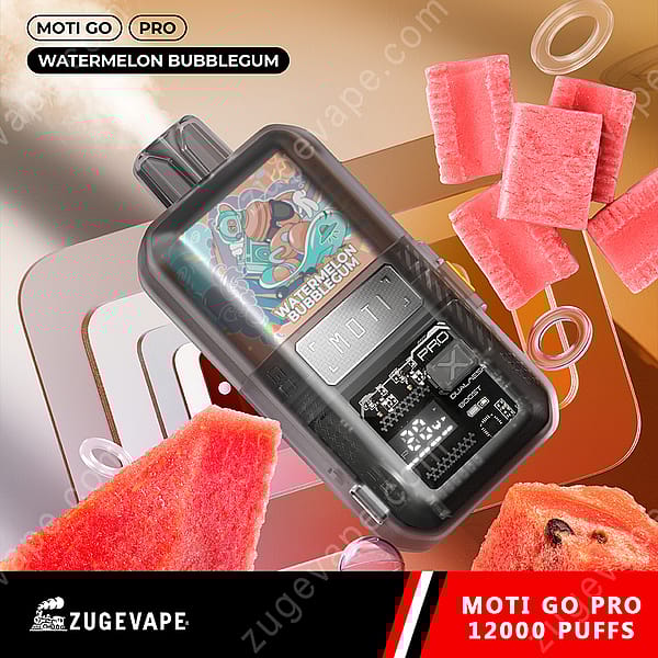 A Vape Device Labeled &Quot;Moti Go Pro&Quot; With A Design Featuring Watermelon And Bubblegum Flavors, Surrounded By Pieces Of Watermelon And Bubblegum. The Device Displays Digital Readouts And Is Set Against A Colorful Background.