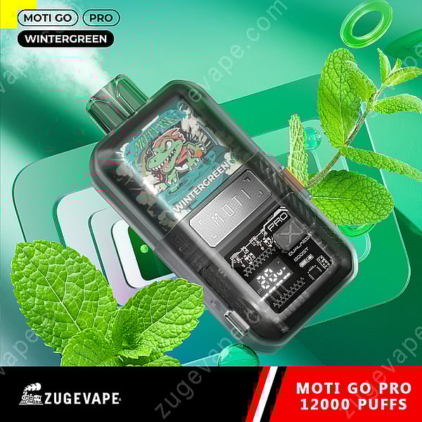 A Vape Device Labeled &Quot;Moti Go Pro Wintergreen&Quot; With A Graphic Of A Cartoon Dinosaur Exhaling Vapor, Surrounded By Fresh Mint Leaves, Against A Colorful Background.