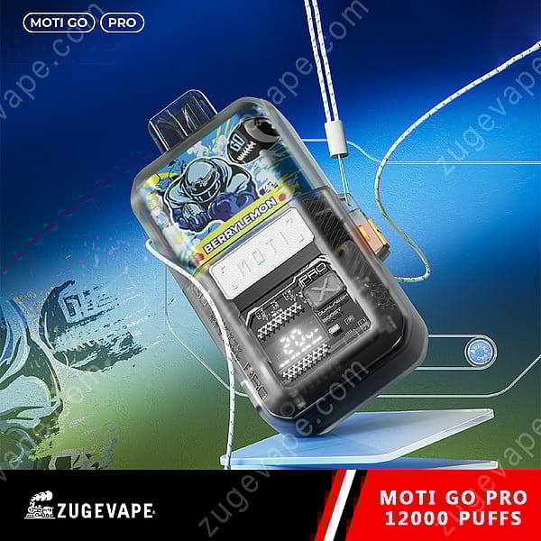 A Black And Colorful Vape Device Labeled &Quot;Moti Go Pro 12000&Quot; With A Graphic Of A Character On The Front, Set Against A Blue And Green Abstract Background. The Device Is Displayed On A Light Blue Platform With Text Indicating &Quot;12000 Puffs&Quot; And The Brand &Quot;Zugevape.&Quot;