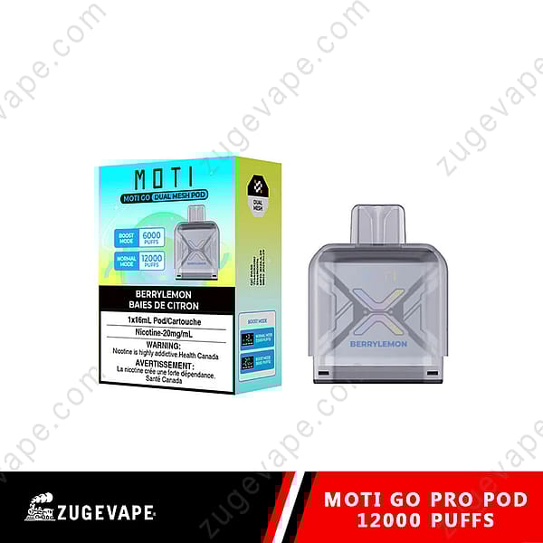 Emballage du pod Moti Go Pro au goût de baies et de citron, comprenant un pod transparent et des détails sur le nombre de bouffées, la teneur en nicotine et les étiquettes d'avertissement.
