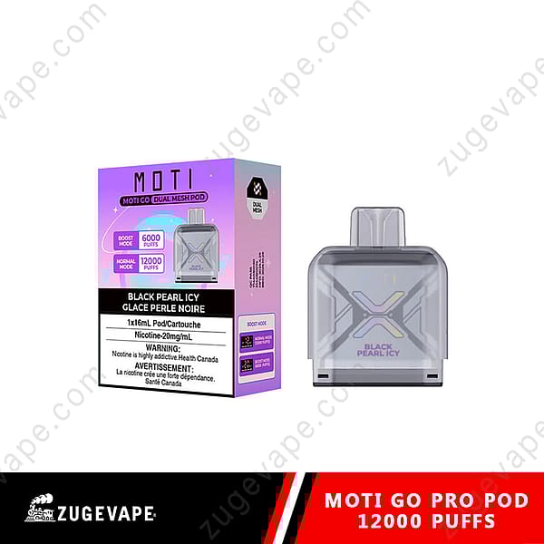 Une cartouche de pod Vape emballée dans une boîte colorée, étiquetée « Moti Go Pro Pod », avec la saveur « Black Pearl Icy ». La boîte met en valeur la technologie Dual Mesh et indique une teneur en nicotine de 20 mg/ml, ainsi qu'un nombre de bouffées de 6 000 en mode Boost et de 12 000 en mode normal.