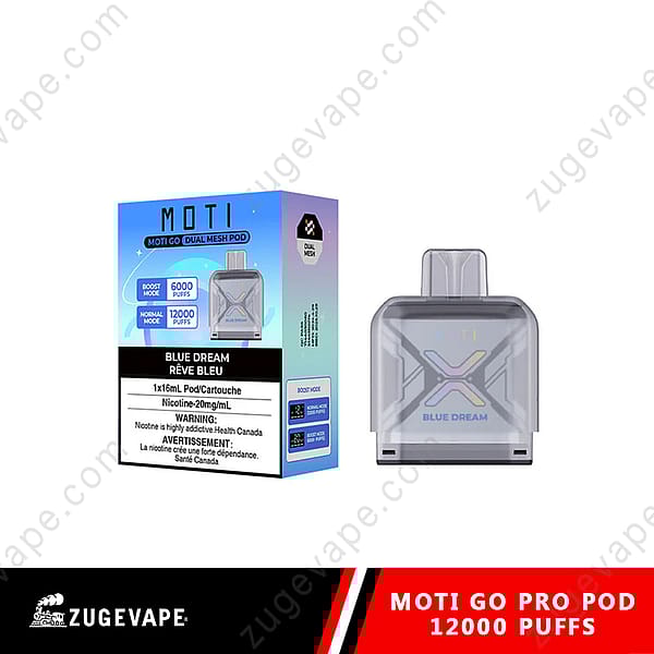 Une cartouche de dosette transparente étiquetée « Blue Dream » dans une boîte, comportant des détails tels que « Moti Co Dual Mesh Pod », une capacité de 16 ml et une teneur en nicotine de 20 mg/ml, ainsi que des avertissements concernant la dépendance à la nicotine et la capacité de délivrer 6 000 bouffées en mode Boost ou 12 000 bouffées en mode normal.