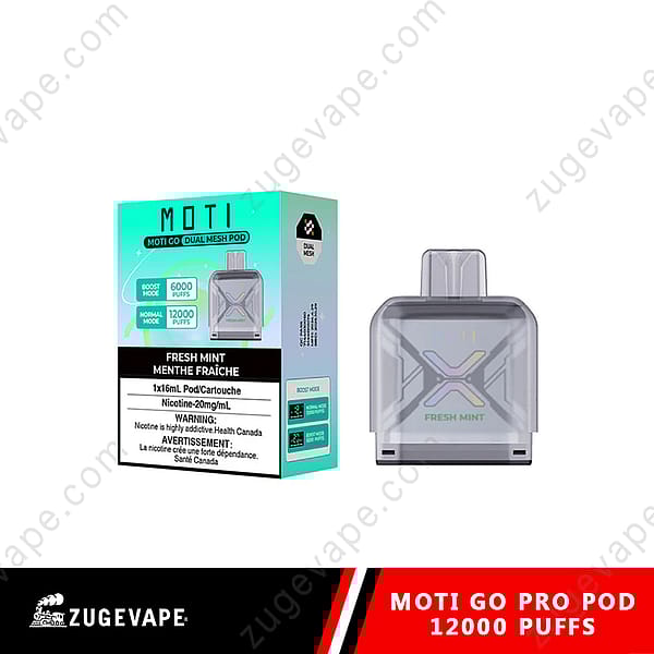 Une boîte de Moti Go Pro Pod, comprenant une cartouche transparente étiquetée « Menthe fraîche », indiquant 12 000 bouffées et 20 mg/ml de nicotine. L'emballage comprend des avertissements et des spécifications en anglais et en français.