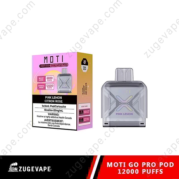 Un emballage de pod Vape étiqueté « Moti Go Pro Pod » avec la saveur « Pink Lemon », précisant qu'il contient un pod de 16 ml et fournit 12 000 bouffées. La boîte a un fond dégradé rose et orange avec des avertissements sur la teneur en nicotine.