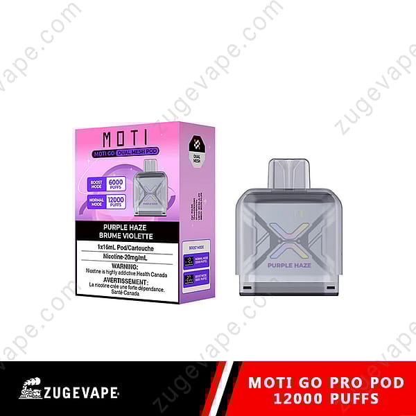 Emballage pour Moti Go Pro Pod doté d'un design à double maille, étiqueté « Purple Haze », avec un pod 1X16 ml contenant 20 mg/ml de nicotine, indiquant 6 000 bouffées en mode Boost et 12 000 bouffées en mode normal.