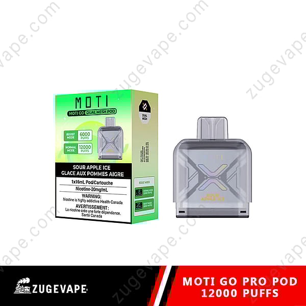 Une boîte d'emballage et un pod pour l'appareil de vapotage Moti Go Pro, étiqueté « Sour Apple Ice », mettant en valeur ses caractéristiques : 1 pod de 16 ml, une concentration en nicotine de 20 mg/ml et une capacité de bouffées de 12 000 en mode normal ou de 6 000 en mode boost. La boîte a un design vert et noir avec divers avertissements et informations sur le produit.