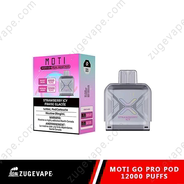 Une boîte de Moti Go Pro Pod avec un pod transparent affiché à côté. L'emballage présente un design rose et noir, mettant en valeur la saveur « Strawberry Icy », avec des détails sur la teneur en nicotine (20 mg/ml) et le nombre de bouffées (6 000 en mode Boost, 12 000 en mode normal).