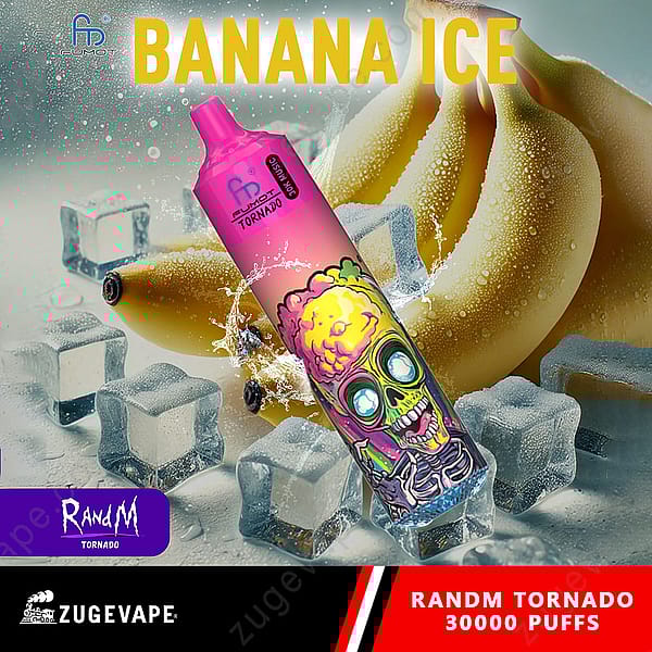 Un appareil à vapotage coloré avec un design de crâne, entouré de bananes et de glaçons, avec le texte « Banana Ice » bien en évidence au-dessus.