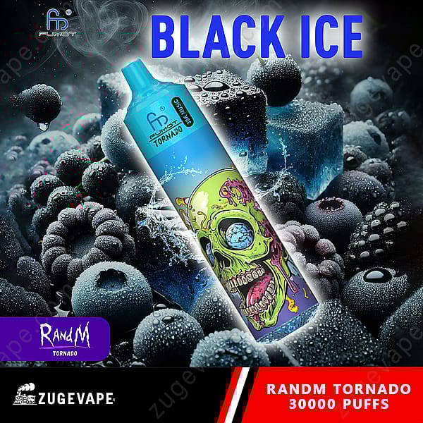 Une illustration d'un appareil à vapotage avec un motif de crâne coloré, entouré de baies noires et de glace. Le texte « Black Ice » est bien visible en haut, et il y a des éléments de marque pour « Randm » et « Zugevape » en bas.