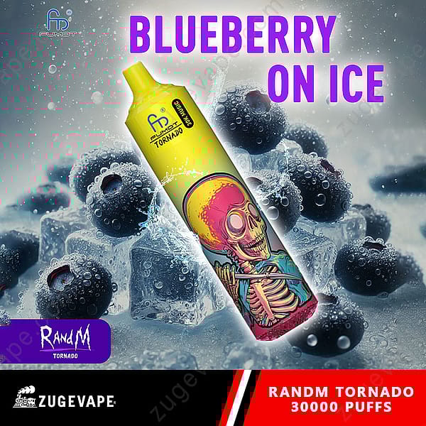 Un appareil à vapotage au design dynamique comportant un squelette, étiqueté « Blueberry On Ice », entouré de glaçons et de myrtilles, avec la marque « Randm Tornado » et « Zugevape », indiquant 30 000 bouffées.