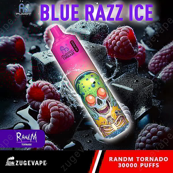Un stylo à vape coloré avec un design de crâne, entouré de framboises et de glaçons, avec le texte et la marque « Blue Razz Ice » pour « Randm Tornado 30000 Puffs ».