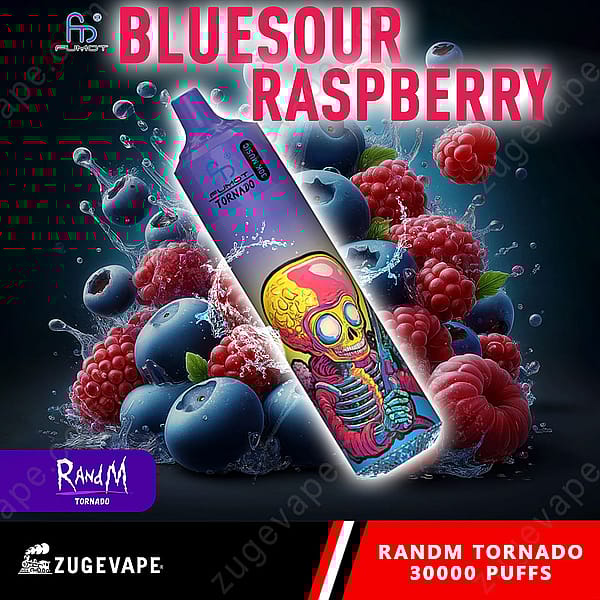 Un appareil à vapotage coloré étiqueté « Bluesour Raspberry » avec un graphique d'un squelette, entouré de myrtilles et de framboises, avec des éclaboussures d'eau en arrière-plan.