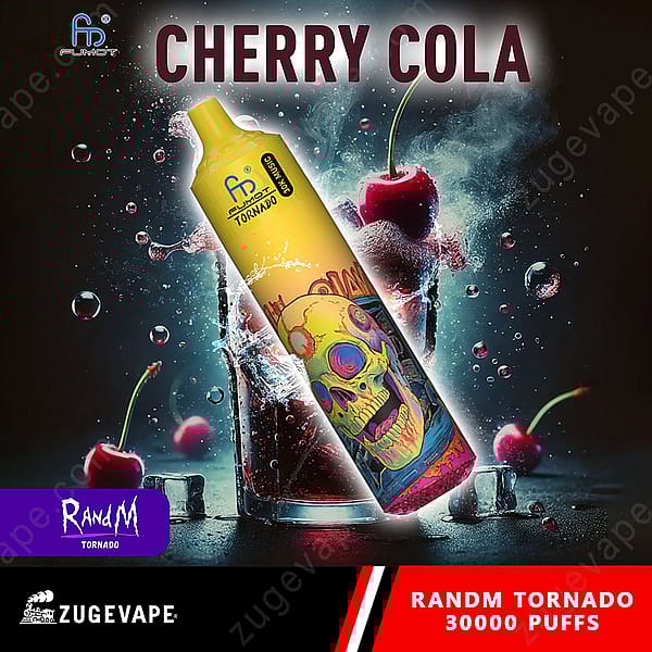 Un appareil à vapotage coloré étiqueté « Cherry Cola » avec un design graphique représentant un crâne et des couleurs vives, sur fond de cerises et de liquide éclaboussant, ainsi que les marques « Randm Tornado » et « Zugevape ».