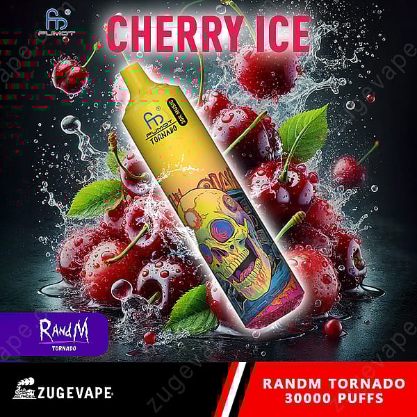 Une bouteille de vape vibrante avec un bouchon jaune et un motif de crâne, entourée de cerises fraîches et d'éclaboussures d'eau, avec le texte « Cherry Ice » bien en évidence.
