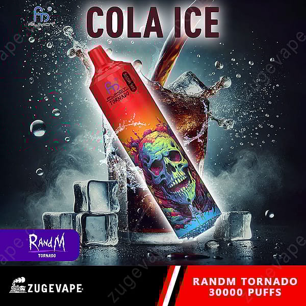 Un appareil à vapotage coloré intitulé « Cola Ice » avec un motif de crâne, placé à côté d'un verre rempli de cola et de glaçons, entouré d'éclaboussures d'eau.