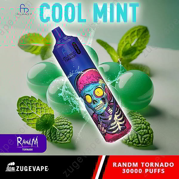 Un appareil à vapotage coloré présentant un motif de crâne, entouré de feuilles de menthe et de sphères vertes brillantes, avec le texte « Cool Mint » et les détails du produit en bas.
