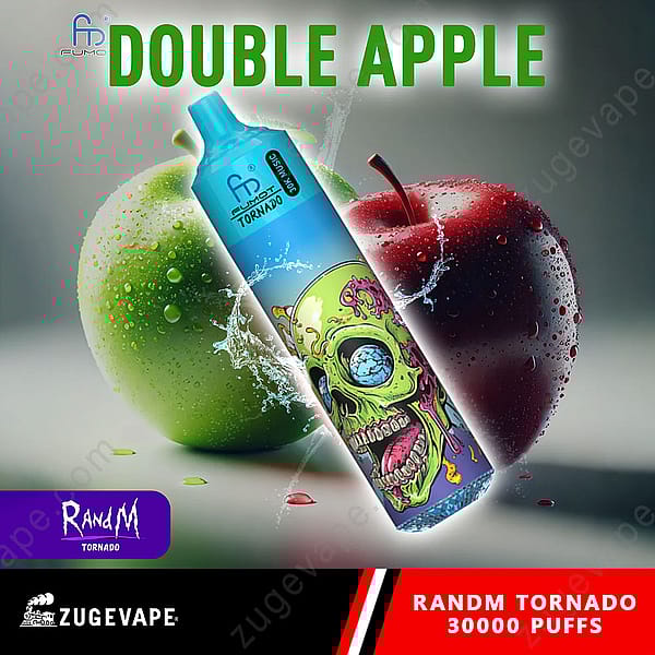 Un appareil de vapotage coloré avec un motif de crâne est affiché entre une pomme verte et une pomme rouge, avec les mots « Double Apple » bien en évidence ci-dessus.