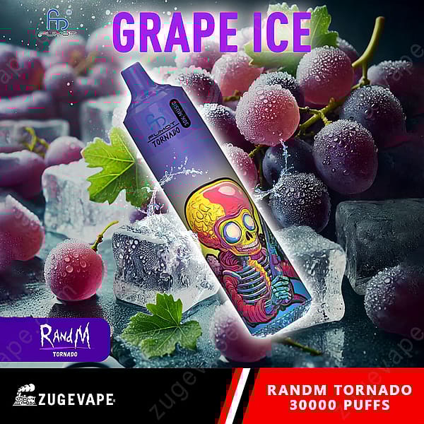 Un appareil de vapotage coloré étiqueté « Grape Ice », avec une illustration d'un squelette sur le devant, entouré de raisins frais et de glaçons.