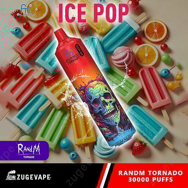 Un assortiment coloré de glaces et de bonbons avec un appareil à vapotage dynamique étiqueté « Randm Tornado » avec un motif de crâne au centre, entouré du texte « Ice Pop ».