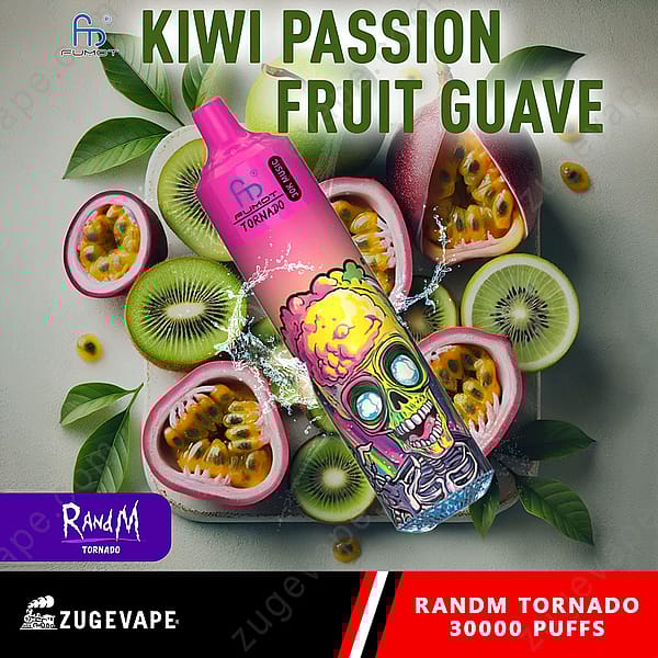 Un appareil à vapotage coloré étiqueté « Kiwi Passion Fruit Guave » est entouré de divers fruits tropicaux, dont le kiwi, le fruit de la passion et la goyave, avec un design de crâne artistique et vibrant sur l'appareil.