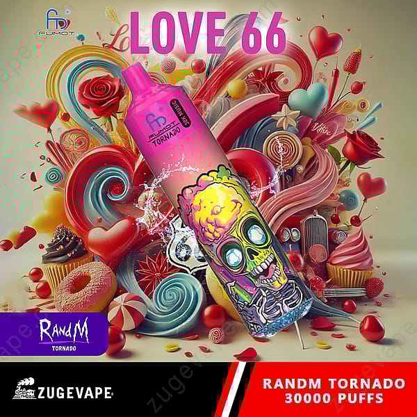 Un graphique coloré mettant en vedette le produit Vape « Randm Tornado 66 » bien en évidence, avec un motif de crâne sur l'emballage, entouré de divers bonbons, fleurs et cœurs, sur un fond vibrant.