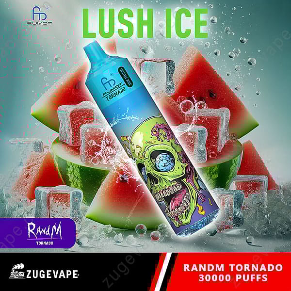 Un appareil à vapotage coloré est bien visible au centre, avec un motif de crâne et l'inscription « Lush Ice ». Autour de l'appareil se trouvent des tranches de pastèque et des glaçons, avec des gouttelettes d'eau suggérant la fraîcheur. Le bas de l'image comprend la marque « Zugevape » et « Randm Tornado 30000 Puffs ».