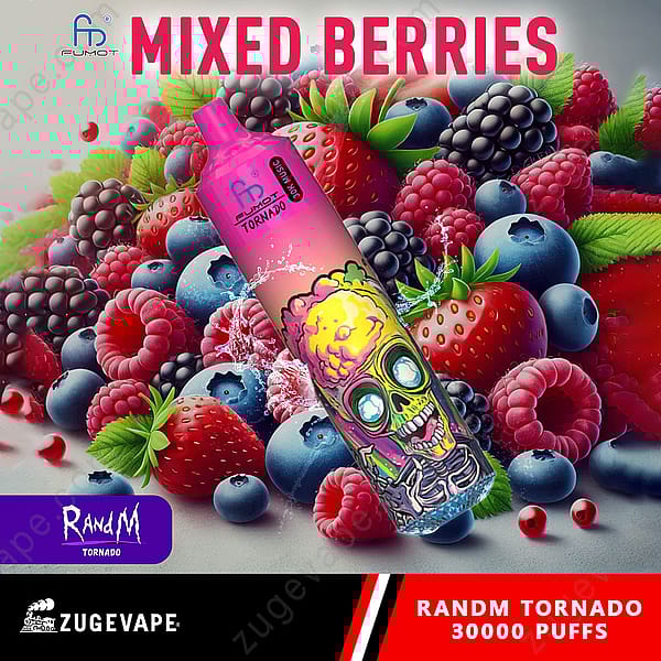 Un appareil à vapotage coloré au design rose et violet avec un motif de crâne, entouré d'un assortiment de baies mélangées, notamment des fraises, des myrtilles, des framboises et des mûres. Le texte « Mixed Berries » est affiché de manière visible en haut.
