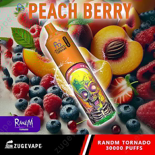 Une image dynamique présentant un appareil à vapotage étiqueté « Peach Berry » sur fond de fruits colorés, notamment des pêches, des baies et des framboises, avec un motif de crâne de dessin animé sur la vapoteuse.
