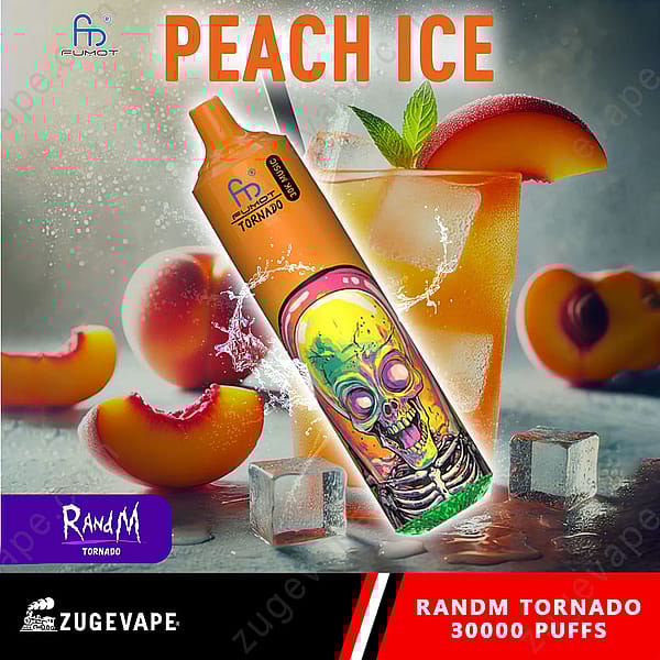 Une publicité mettant en vedette un appareil à vapotage étiqueté « Randm Tornado » avec un motif de crâne, placé à côté d'un cocktail rafraîchissant de glace à la pêche et de moitiés de pêche, sur un fond flou avec des glaçons. Le texte « Peach Ice » est affiché de manière bien visible en haut.