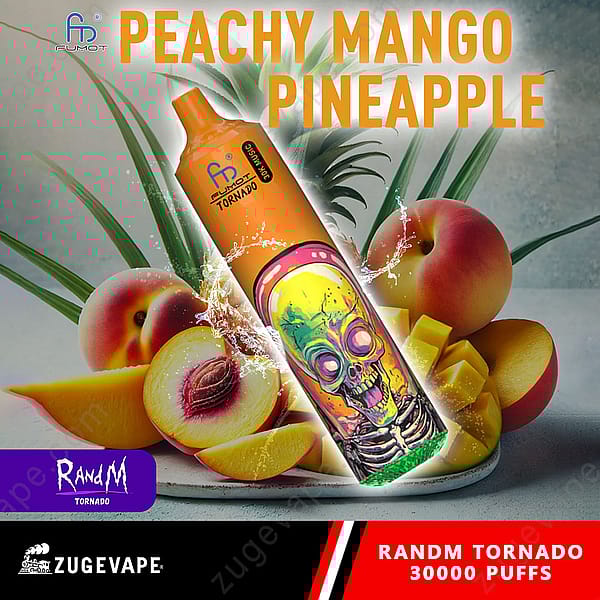 Publicité dynamique pour un produit de vapotage mettant en vedette un appareil de vapotage stylisé étiqueté « Pêche, mangue, ananas », entouré de pêches et de mangues fraîches, avec un motif de crâne coloré sur l'appareil.