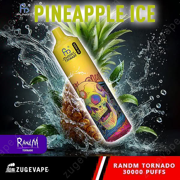 Un appareil à vapotage vibrant étiqueté « Pineapple Ice » est entouré d'éclaboussures d'eau et d'un ananas, avec des illustrations colorées d'un crâne et de feuilles tropicales. Le nom du produit « Randm Tornado » et « 30 000 bouffées » sont affichés de manière visible sur un fond sombre.