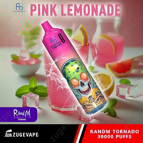 Un appareil à vapotage coloré étiqueté « Pink Lemonade » avec un motif de crâne est placé devant des boissons à la limonade rose avec des tranches de citron et des feuilles de menthe, avec des glaçons. L'image comprend la marque « Randm » et « Zuge Vape ».