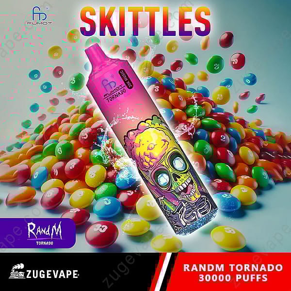 Un arrangement coloré de bonbons Skittles de différentes couleurs est en arrière-plan, tandis qu'un appareil de vapotage rose avec un motif de crâne, étiqueté « Randm Tornado 30000 Puffs », se dresse bien en évidence au premier plan. Le texte « Skittles » est affiché en haut.