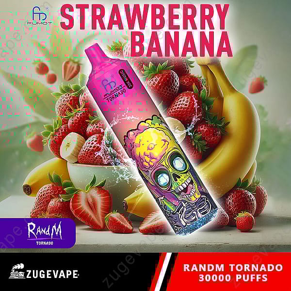 Un appareil à vapotage coloré étiqueté « Randm Tornado » avec un motif de crâne, entouré de fraises et de bananes fraîches, et le texte « Strawberry Banana » bien en évidence.