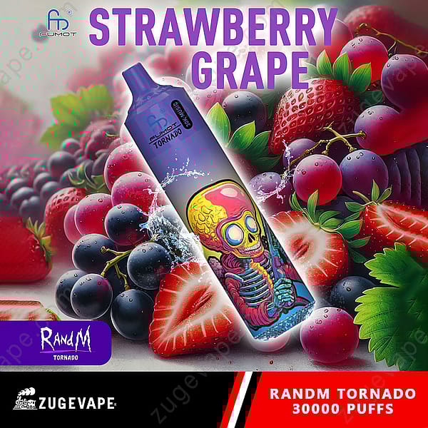 Un appareil à vapotage coloré avec un motif de crâne est affiché sur un fond vibrant de fraises, de raisins et d'autres fruits, avec le texte « Strawberry Grape » et « Randm Tornado 30000 Puffs ».