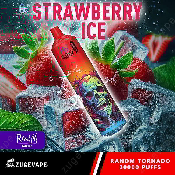 Un appareil à vapotage coloré étiqueté « Strawberry Ice » entouré de fraises fraîches, de feuilles de menthe et de glaçons, avec un graphique d'un crâne sur l'appareil.