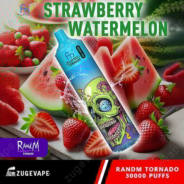 Une image promotionnelle colorée mettant en vedette un appareil à vapotage bleu étiqueté « Randm Tornado » avec un graphique d'un crâne, entouré de fraises fraîches et de tranches de pastèque. Le texte « Strawberry Watermelon » est affiché bien en évidence au-dessus, et « 30 000 bouffées » est noté en bas.