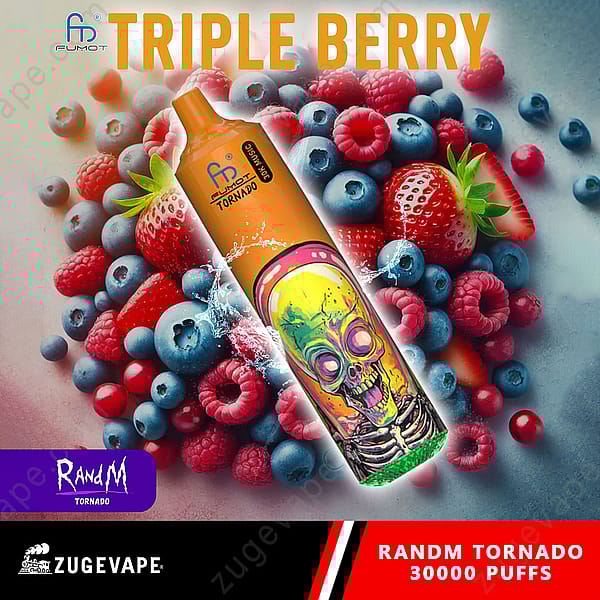 Un appareil à vapotage coloré avec un motif de crâne est affiché en évidence sur un fond de baies variées, notamment des myrtilles, des framboises et des fraises, avec le texte « Triple Berry » et « Randm Tornado 30000 Puffs ».