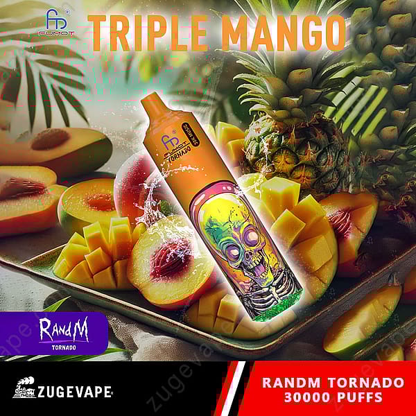 Une publicité dynamique mettant en vedette un appareil à vapotage au goût de mangue étiqueté « Randm Tornado » avec un motif de crâne saisissant, entouré de mangues fraîches, de pêches et d'ananas, et le texte « Triple Mango » affiché de manière bien visible.