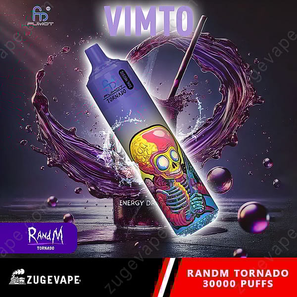 Un appareil de vapotage dynamique étiqueté « Vimto » avec un motif de crâne coloré, entouré d'éclaboussures de liquide violet et de diverses sphères, à côté d'un texte indiquant « Randm Torando 30000 Puffs ».
