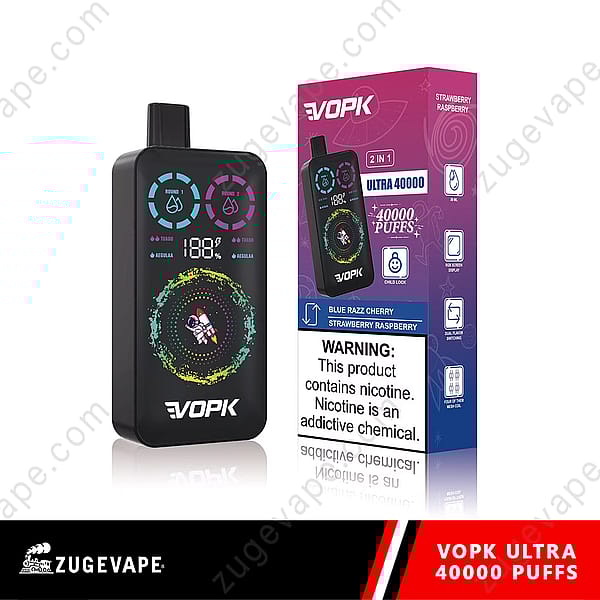 Un elegante dispositivo di svapo nero con un display digitale che mostra la durata della batteria a 188%, caratteristiche per doppi aromi e un design colorato. La confezione accanto indica che contiene aromi &quot;Blue Razz Cherry&quot; e &quot;Strawberry Raspberry&quot; e include un avviso sulla nicotina.