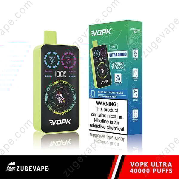 Un dispositivo per lo svapo verde e nero con un display digitale che mostra la durata della batteria e il numero di tiri, accompagnato da una scatola con il nome del prodotto "Vopk Ultra 40000 Puffs" e un testo di avvertenza sulla nicotina.
